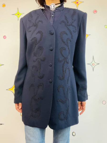 Vintage 80s 90s Navy, Black Embroidered Wearable Art Blazer Office Glam Size 12