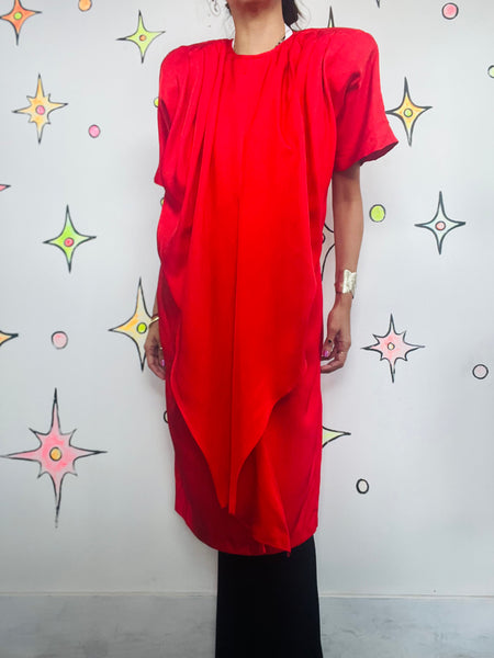 Vintage 80s Red Silk Sculptural Art Power Boss Dress | Shoulder Pad Cocktail | 8