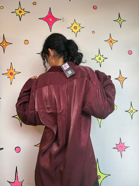 Vintage Burgundy Iridescent Party Shirt 90s Satin Lounge Button Up Men's XL