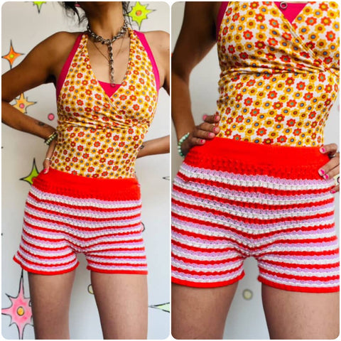 Vintage Red Striped Knit Mini Shorts Babydoll Knickers Bloomers Stretchy S/M/L