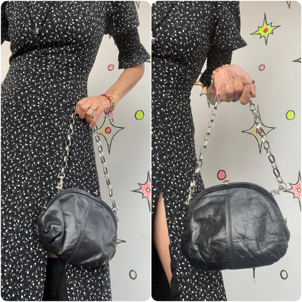 Vintage 80s Black Kisslock Leather Goth Glam Purse Bag Handbag with Chain Handle