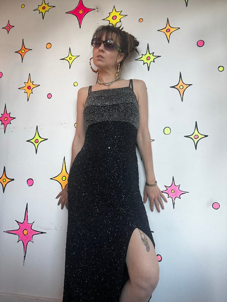 Vintage Black Silk Beaded Gown Glam Old Hollywood Formal Evening Dress M