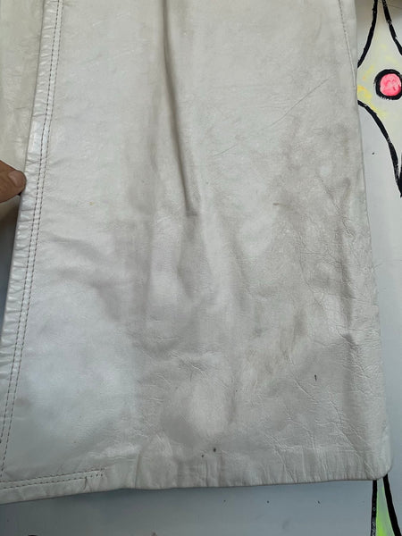 Vintage 70s White Leather Trench Coat Fur Collar Penny Lane Rockstar L