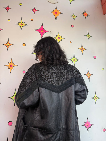 Black Leather Trench Coat 80s Patchwork Dolman Goth Moto Jacket Statement M