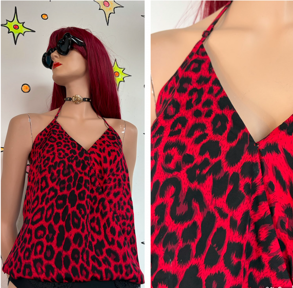 Vintage Red Leopard Print Silk Halter Cami Mob Wife Indie Sleaze Glam Y2K XS