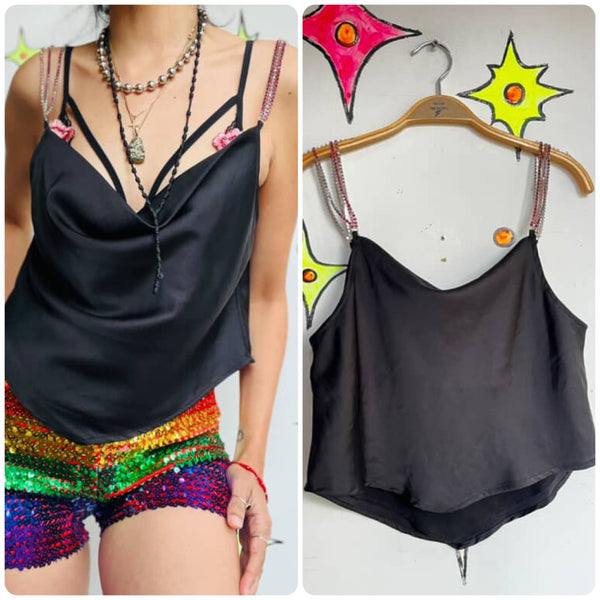 Y2K Black Silky Cami Top - Rhinestone Straps - Asymmetrical Glam Clubwear - M