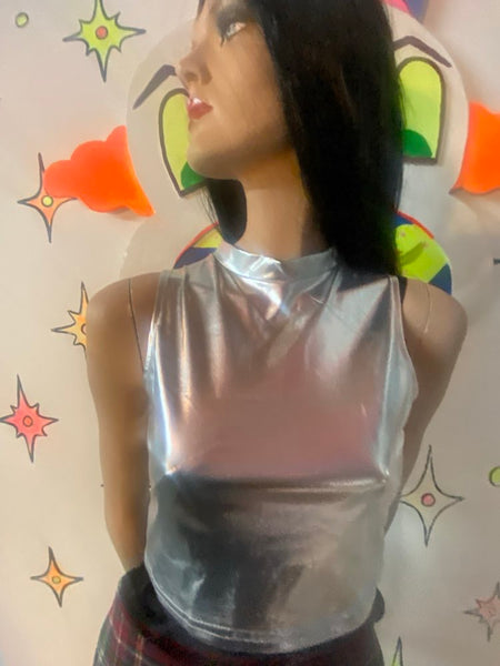Silver Metallic Crop Top Cyber Grunge Galaxy Rave Tank Y2K Disco Future Glam L