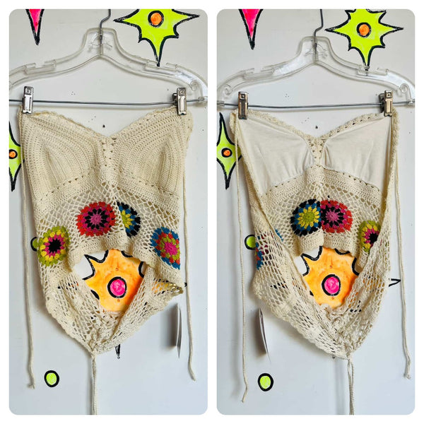 Vintage Boho Grunge Crochet Halter Top - Granny Squares - Festival Style L / XL