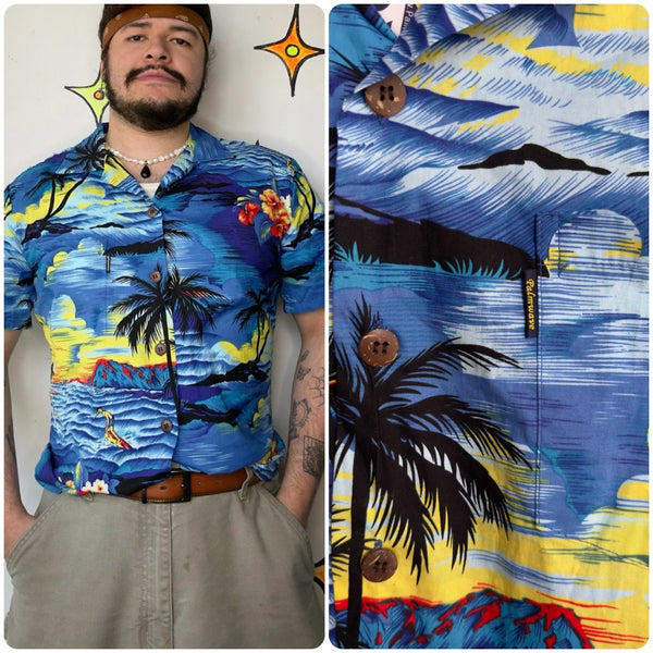 Blue Hawaiian Aloha Shirt Vintage Tiki Party Button Up Tropical Shirt SM