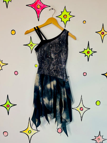 Y2K Glitter Asymmetric Fairy Whimsy Goth Handkerchief Hem Mini Skater Dress - S