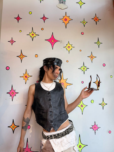 Vintage Black Leather Vest Western Biker Rocker Moto Grunge Vest S/M