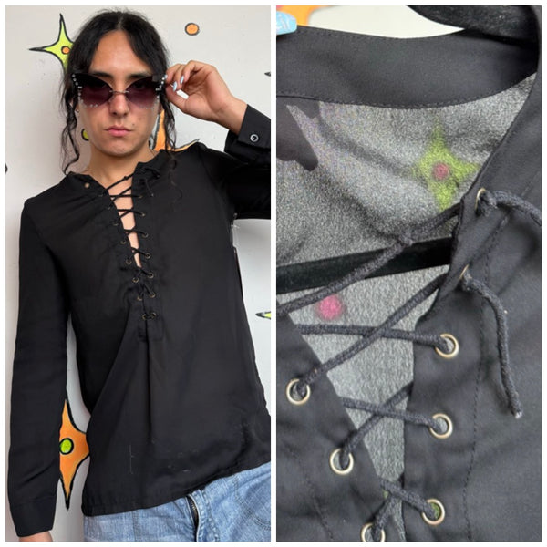 Black Lace-Up Piratecore Corset Blouse Gothic Medieval Renaissance S/M
