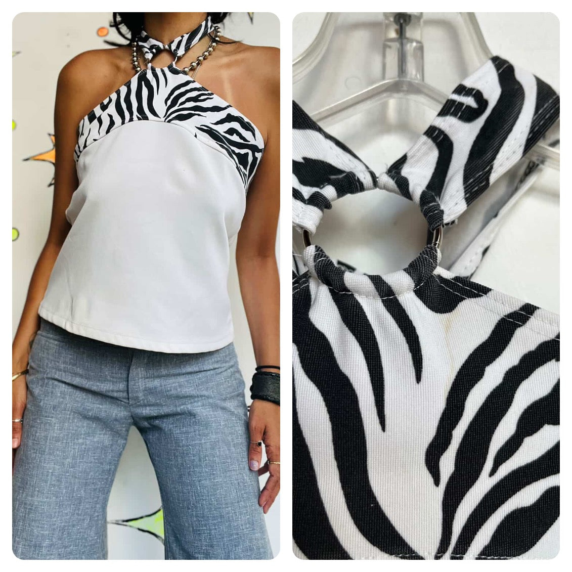 Vintage Y2K | Zebra Print Fairy Grunge Indie Sleaze Halter Top | XL | Bratz Vibe