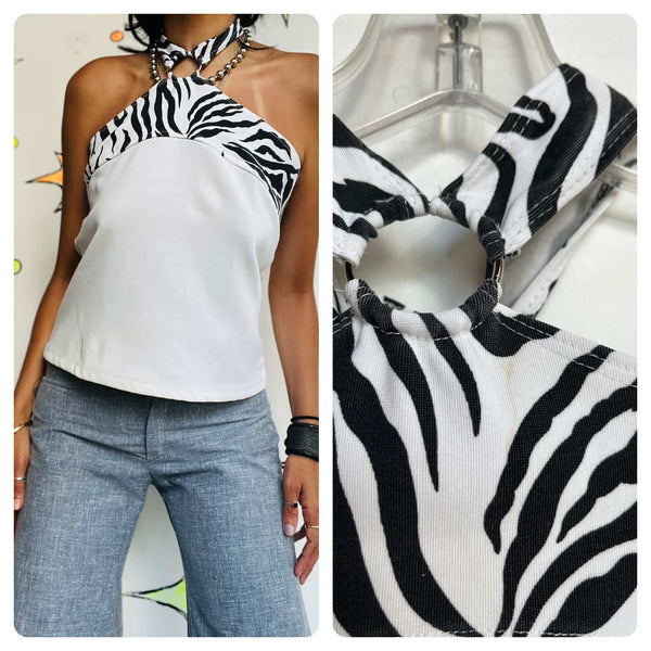 Vintage Y2K | Zebra Print Fairy Grunge Indie Sleaze Halter Top | XL | Bratz Vibe