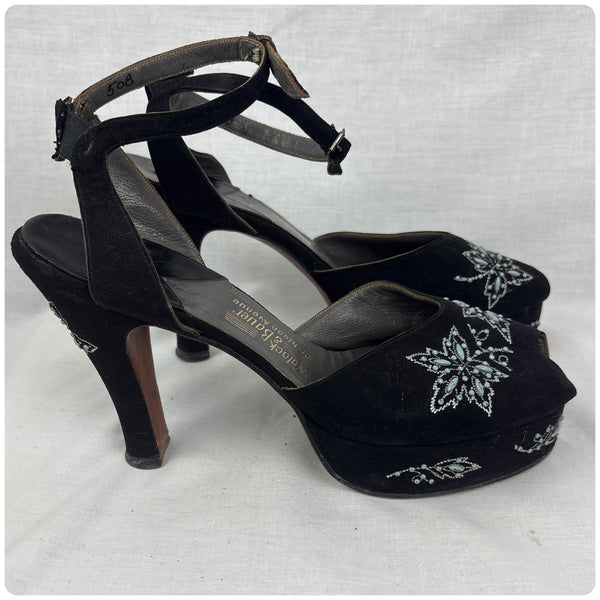 Vintage 1940s Black Embellished Peeptoe Platform Heels Designer Shoes - 7 - 7.5