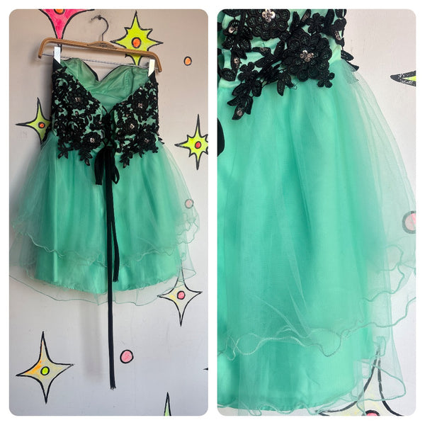 Mint Green & Black Cupcake Fairy-Core Princess Party Dress Tulle Lace Beaded - S