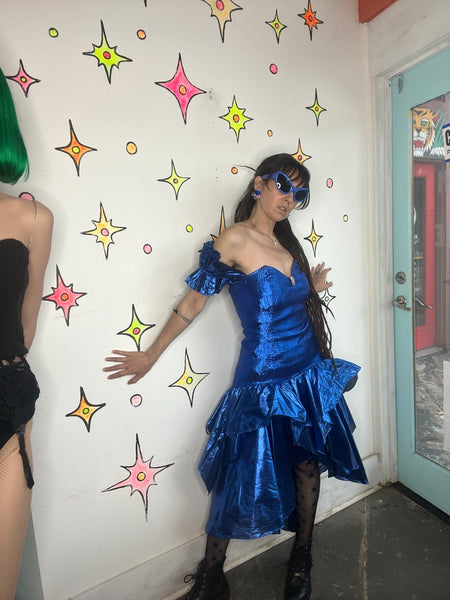 Vintage 80s Blue Metallic Party Dress Glam Poofy Prom New Wave Gown M