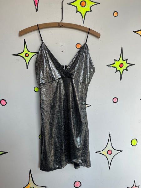Y2K Silver Mini Slip Dress 70s Disco Metallic Future Disco Space Age Party S