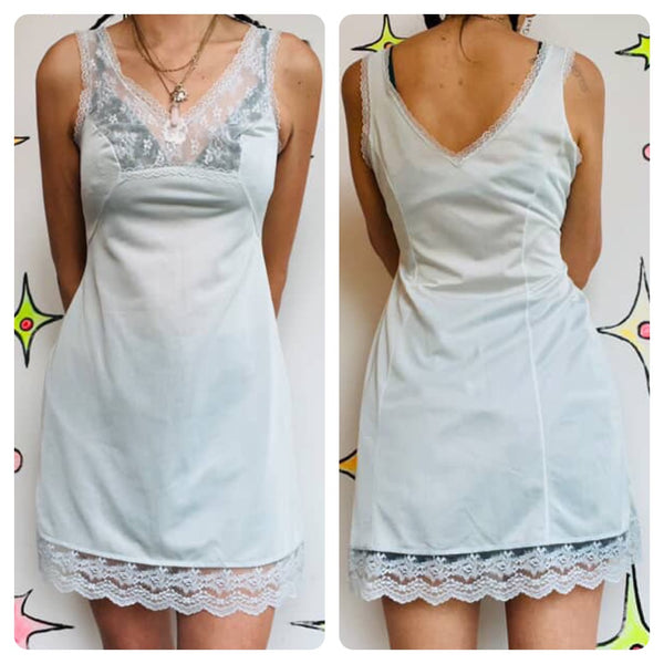 Vintage 1950s 60s | Pale Pastel Blue Lace Fairy Babydoll Lingerie Slip | Small