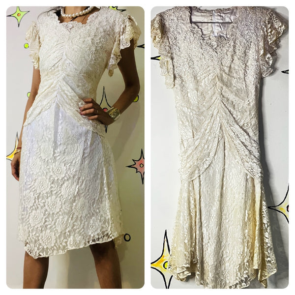 Vintage 1980s Prairie Dress Edwardian Lolita Rococo Lace & Pearls Flapper– XS