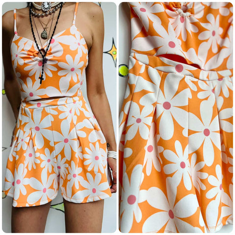 Retro 90s Does 60s/70s MOD GoGo Psychedelic Flower Power Mini Dress / Romper XS