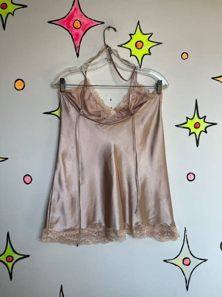 Vintage 90s Y2K Blush Pink Satin Lace Fairy Grunge Princess Mini Slip Dress M