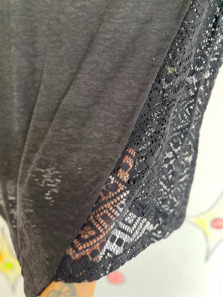 Vintage 90s Grunge Boho Harley Davidson Lace Trim Asymmetrical Sheer Top Tee XL