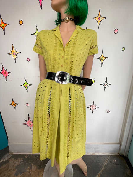 Vintage 50s Chartreuse Fit and Flare Dress | Pin Up Twirl Dress with Full Skirt M