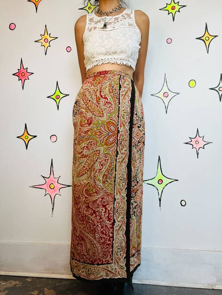 Y2K Boho Fairy Grunge Paisley Silk Wrap Maxi Skirt | Paisley Print | Size 6
