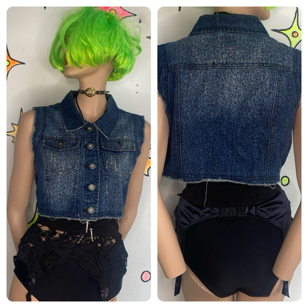 Leopard Print Cropped Denim Vest Y2K Indie Sleaze Grunge Western Top