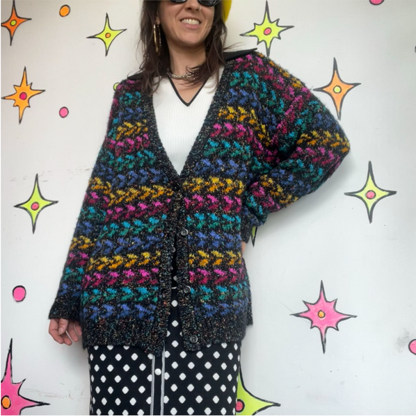 Vintage Rainbow Knit Sweater Chunky 80s Retro Cardigan Oversized L/XL