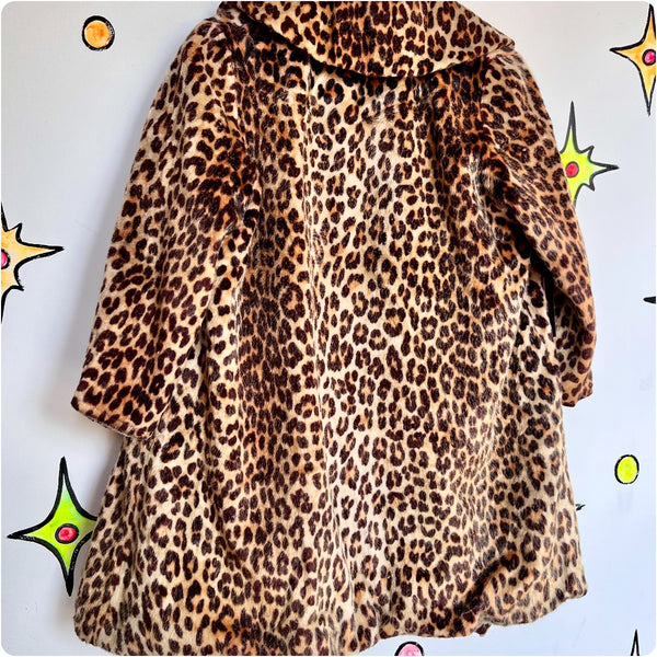 Vintage | Leopard Print Vegan Fur Swing Coat Lined Pockets Hot Mob Wife | S M