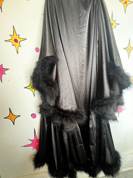 Black Feather Trim Decadent Robe Pin Up Boudoir Lingerie Old Hollywood Glam