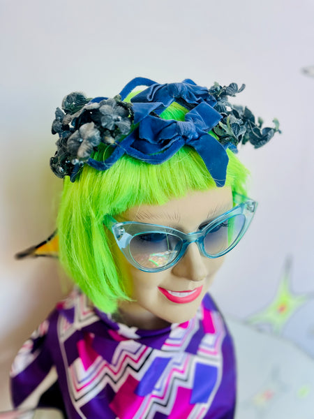 1950s Blue Floral Fascinator | Midcentury Headpiece | Vintage Flowered Crown