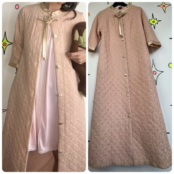 Vintage 50s 60s Pastel Pink Quilted Lounge Babydoll Nighty Robe Cozy Housecoat S