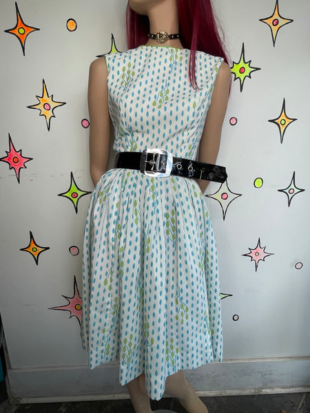 Vintage 1950s White Blue Floral Twirl Dress Retro Rockabilly Fit & Flare S