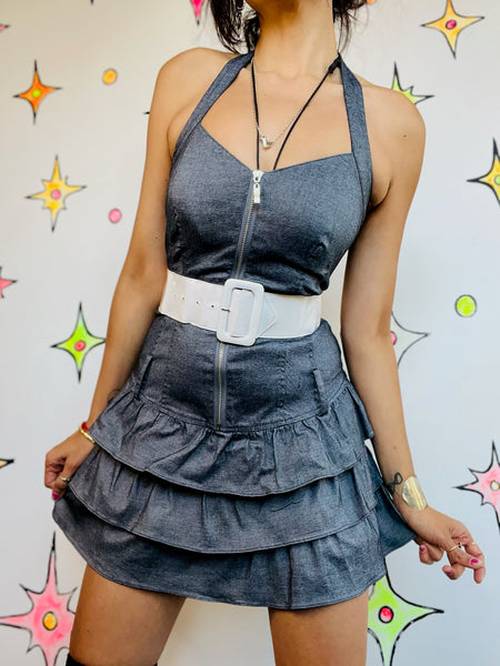 Vintage Y2K Denim Ruffled Halter Mini Dress – Fairy Grunge Coquette – M
