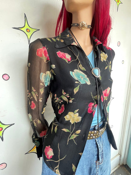 Vintage 90s Express Black Silk Floral Button Up Whimsigoth Dark Romantic M