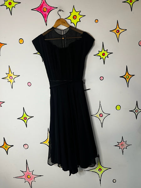 50s Fit & Flare Dress - Witchy Goth Pin-Up - Sheer Neckline - Black Cocktail - S