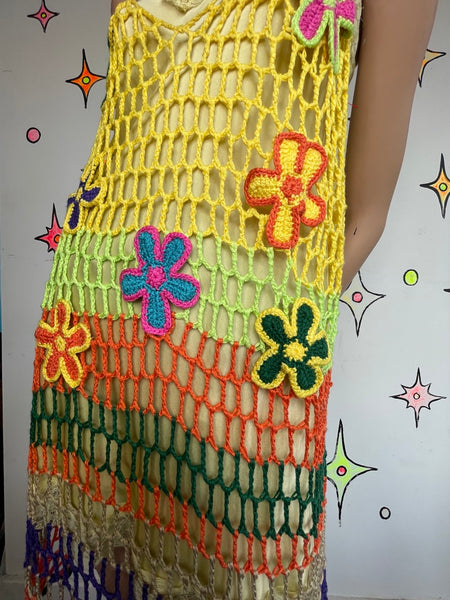 Y2K Crochet Rainbow Dress Festival Boho Rave Pride L/XL