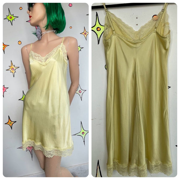 Vintage Pastel Silky Yellow Slip Dress with Lace Fairy Grunge Lingerie M