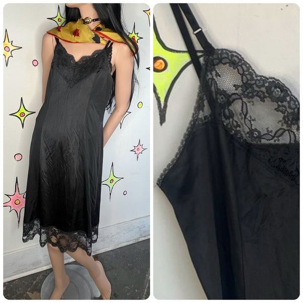 Vintage Nylon Black Lace Trim Slip Dress Boudoir Goth Fairy Grunge 36 - Large