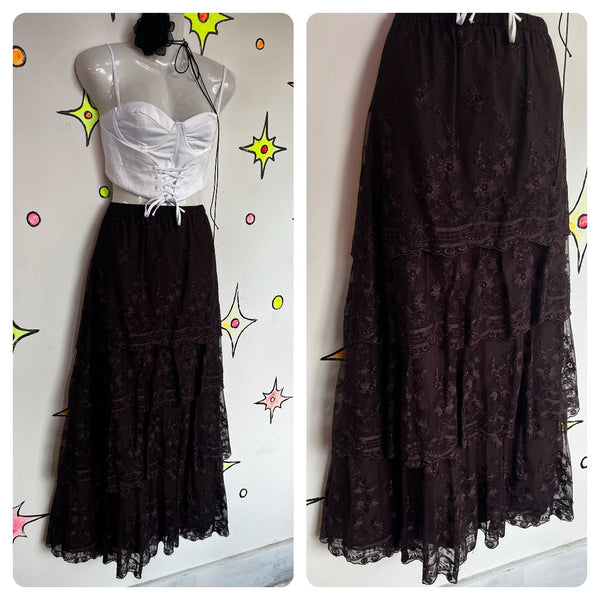 Vintage 90s Y2K | Black Fairy Grunge Whimsy Goth Tiered Ruffle Maxi Skirt | XL