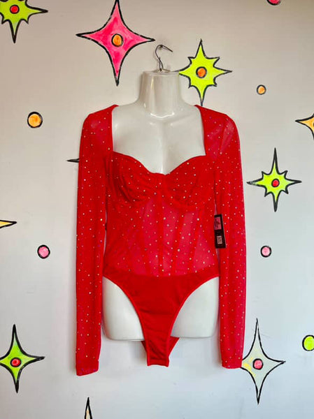 Red Devil Goth Teddy Bodysuit ' Sparkly Mesh Long Sleeve Vampire Lingerie