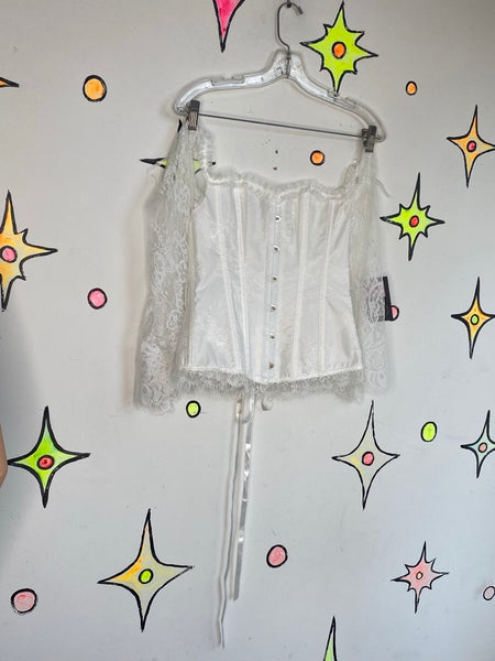 White Lace Corset Top | Fairy Grunge Medieval Balletcore Coquette Blouse – M