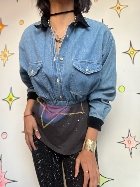 90s Grunge Denim Crop Top | Velvet Collar & Cuffs | Long Sleeve Button-Up (S)