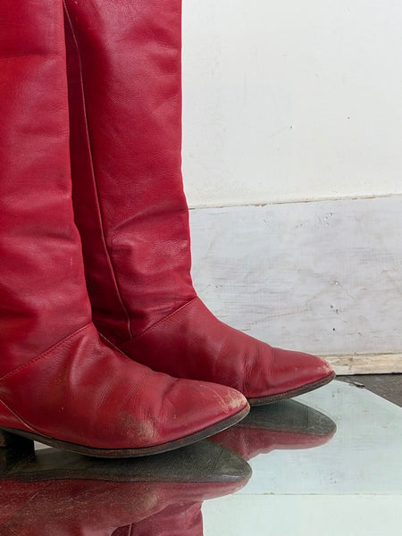 Vintage 80s Cherry Red Leather Boots Classic Riding Western Boots Rocker Glam 7