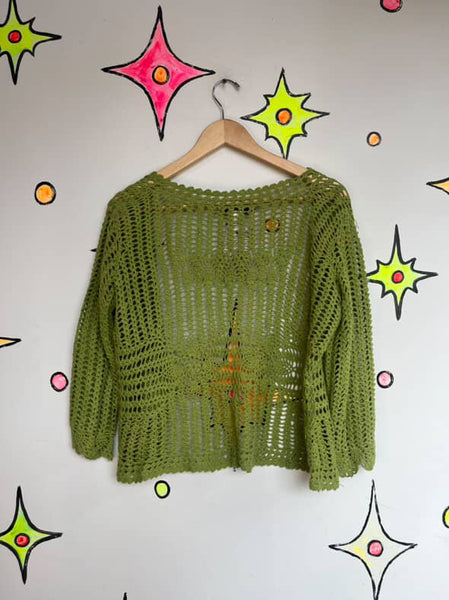 Vintage 90s Y2K Green Crochet Fairy Grunge Boho Cardigan Sweater - Size M