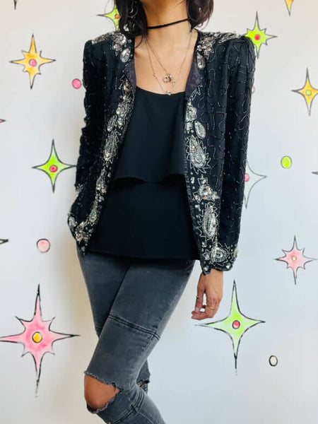 Vintage 80s Black & Silver Sequin Beaded Pirate Glam Rock Party Jacket Size S