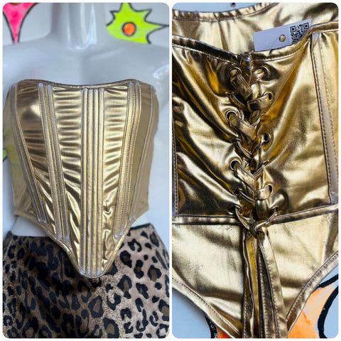 Y2K Distressed Metallic Gold Bustier Corset Regal Grunge Fairy Goddess Top - M